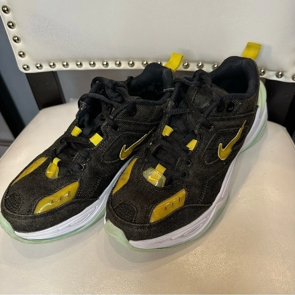 Nike Womens M2K Tekno Black Twill Denim Size 7 BV0970 001 Yellow Mint Colorway